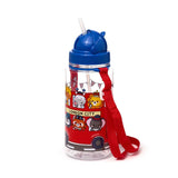 Front view of a clear children's water bottle with a blue straw lid, decorated with a red London bus design featuring cartoon animals and 'LONDON CITY' text, complete with a red carrying strap.