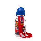 Upright clear children's water bottle with a blue dome lid, visible white straw, and red carry strap, displaying a colourful 'Adoramals London' cartoon design of animals on a red double-decker bus with Union Jack bunting.