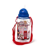 Clear children's shatterproof water bottle with a blue domed lid, white straw, and red adjustable strap, featuring a London-themed cartoon animal design with Union Jack bunting and a red telephone box, shown from a clear view of the decorated side.