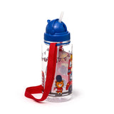 Angled view of a clear children's water bottle with a blue lid, an extended straw, and a red carry strap. The bottle features a colourful London-themed design, including cartoon animals, a red double-decker bus, a red telephone box, and Union Jack bunting.