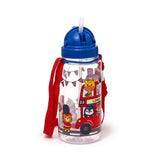 Angled view of a clear children's water bottle with a blue lid, a white straw, and a red carry strap. The bottle features a colourful London-themed illustration depicting a red double-decker bus with cartoon animals, a tiger in a Beefeater uniform, and Union Jack bunting.