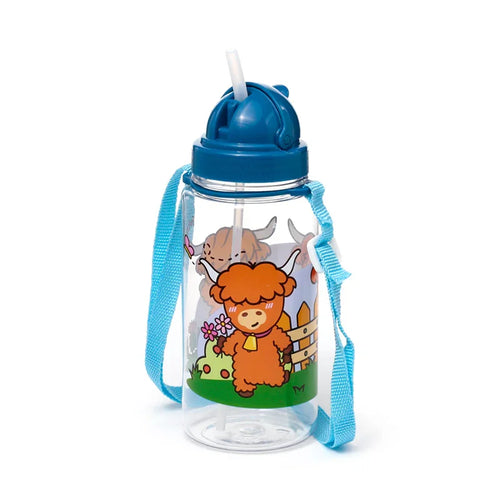 Front view of a clear children's water bottle with a blue lid and flip-up straw, featuring a cartoon Highland coo illustration and an attached blue carry strap.