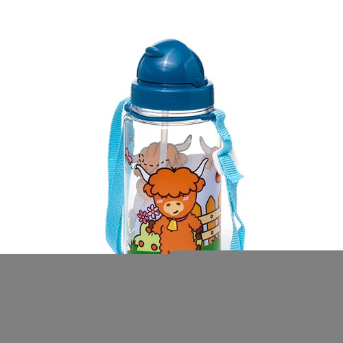 Front view of a clear children's water bottle with a blue flip-top lid and adjustable carry strap. The bottle features a cartoon orange-brown Highland coo character holding pink flowers in a green field, with a clear straw visible inside.