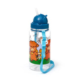 Angled view of a children's clear water bottle with a blue lid, white straw, and a light blue carry strap, decorated with a colourful cartoon Highland Coo pattern.