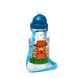 Front view of a clear children's water bottle with a dark blue lid and a light blue carry strap. The bottle features a colourful cartoon design of a brown Highland Coo character standing in front of a wooden fence on green grass.