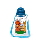 Front view of a children's shatterproof clear water bottle with a blue lid, an internal straw, and a blue shoulder strap. The bottle is decorated with a colourful cartoon illustration of two Highland Coo characters, one reddish-brown and one golden-brown, standing behind a fence.