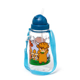 Front view of a children's shatterproof clear plastic water bottle with a blue lid, straw, and blue strap, featuring a cartoon Highland cow design.