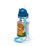 Front view of a children's shatterproof 450ml clear water bottle with a blue lid, extended straw, and blue strap, decorated with a cartoon Highland Coo.