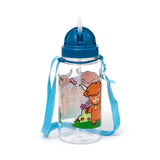 Angled view of a clear children's water bottle with a dark blue lid and a white straw. It features a light blue carry strap and a colourful cartoon illustration of an orange Highland Coo holding flowers, with another grey coo in the background.