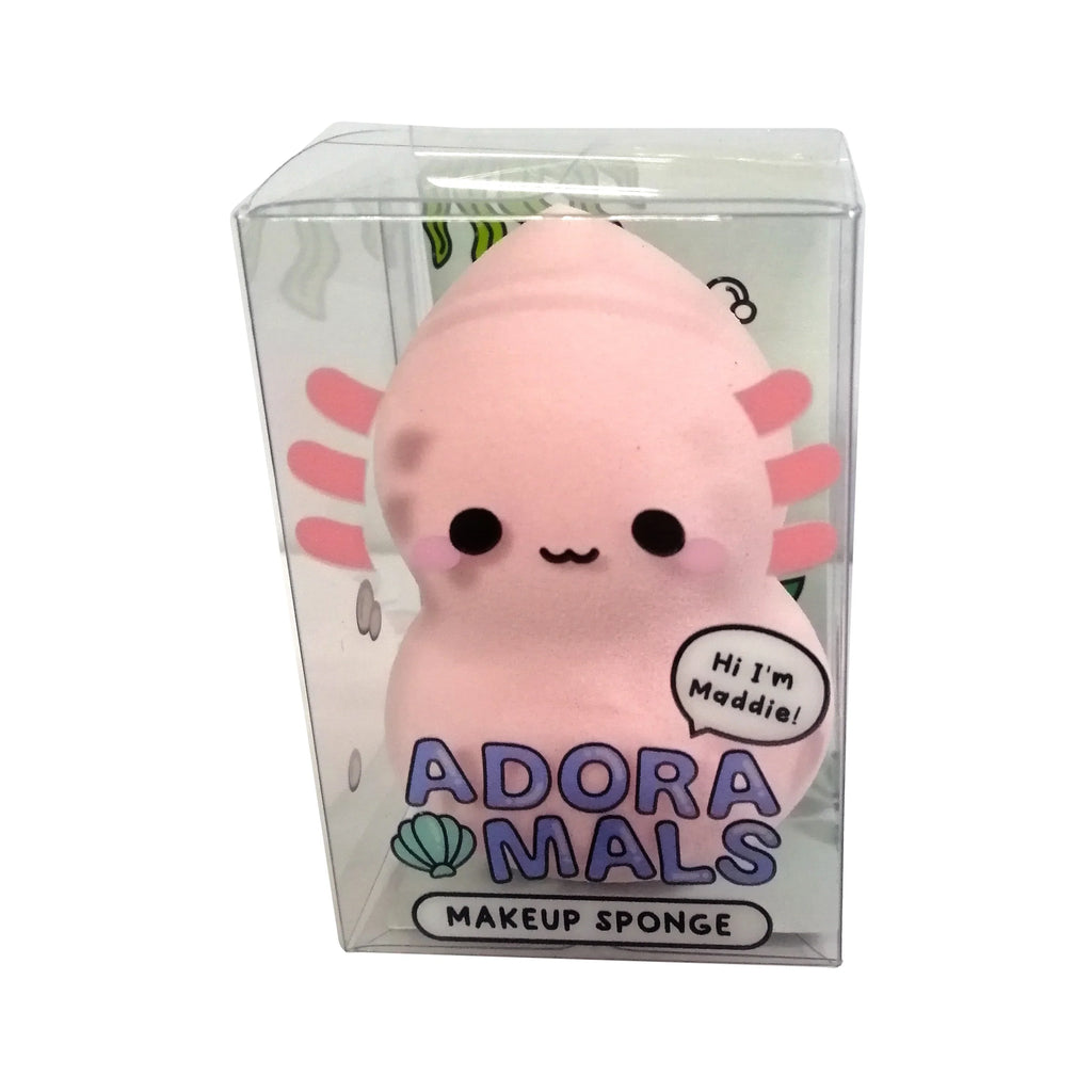 Front view of a pink axolotl beauty blender makeup sponge in clear packaging. It features a cute face, gills, a speech bubble reading 'Hi I'm Maddie!', and 'Adoramals Makeup Sponge' text.