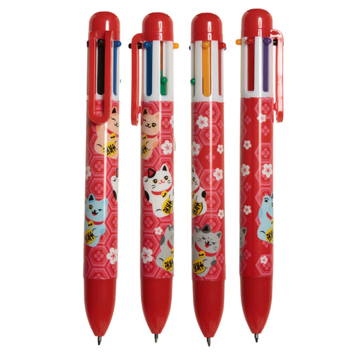 Four red Maneki Neko lucky cat multi-colour pens with white cherry blossom patterns, shown upright. They feature six colour selection buttons and red clips.