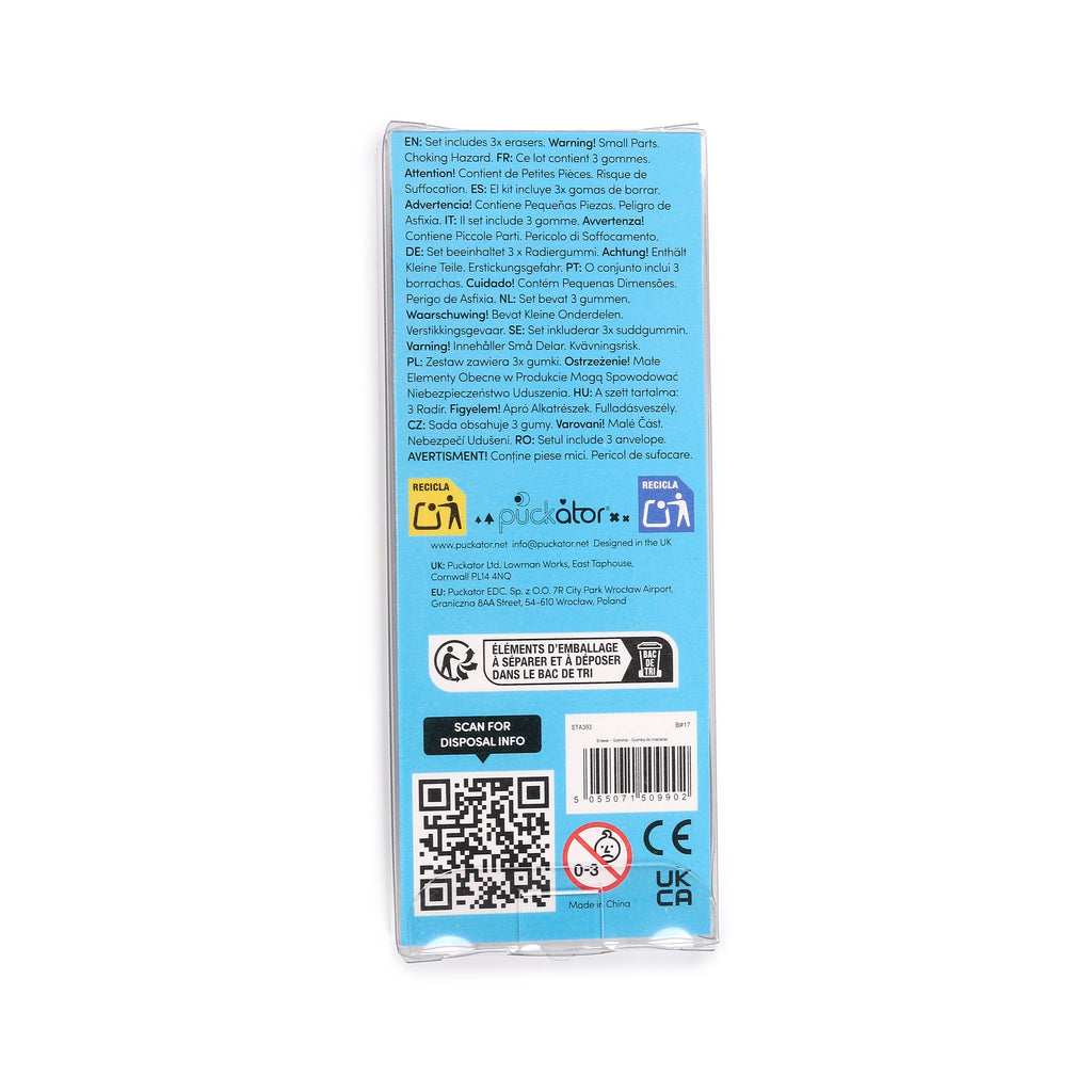 Back view of an eraser 3 piece set packaging, displaying blue and white multilingual warning labels, a barcode, QR code, recycling symbols, and regulatory marks.