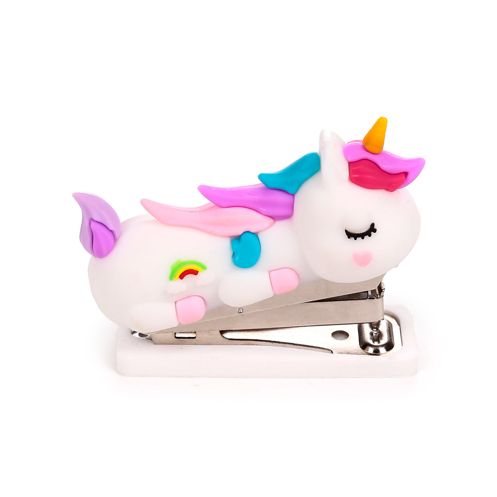 Side view of a white mini unicorn shaped stapler with colourful mane, horn, wings, and rainbow detail.