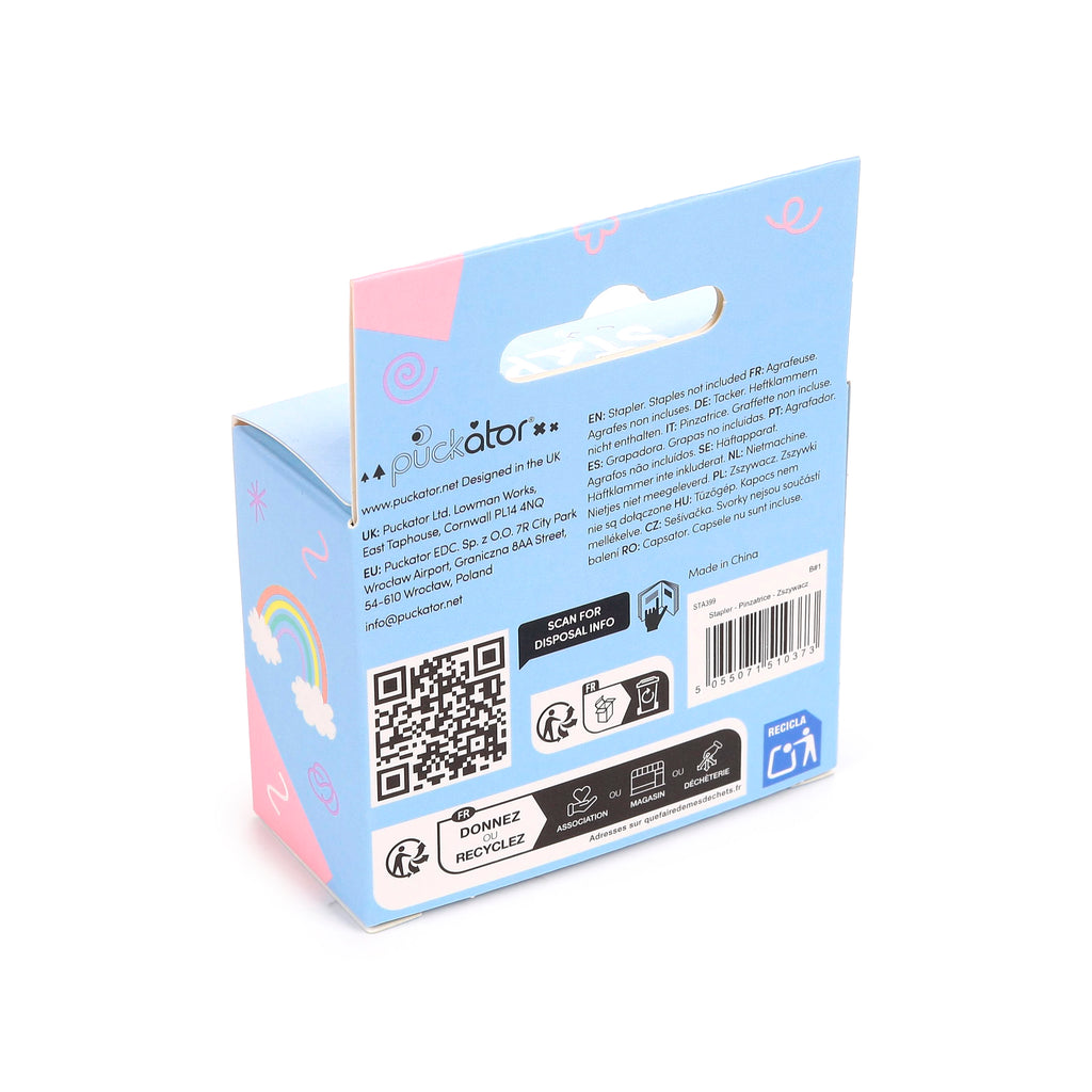Angled view of a light blue stapler packaging box with pink decorative swirls, hearts, and a rainbow. The box displays a barcode, QR code, recycling symbols, and multilingual product information.