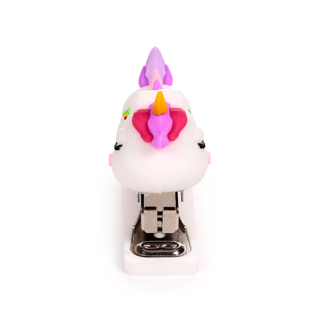 Front view of a white mini unicorn stapler with pink ears, a yellow horn, purple mane, and black eyes.