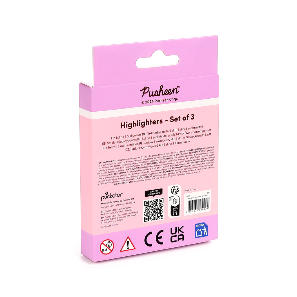 Angled view of the pink and white cardboard packaging for a 'Pusheen' highlighter set, displaying 'Highlighters - Set of 3' text and a hanging tab.
