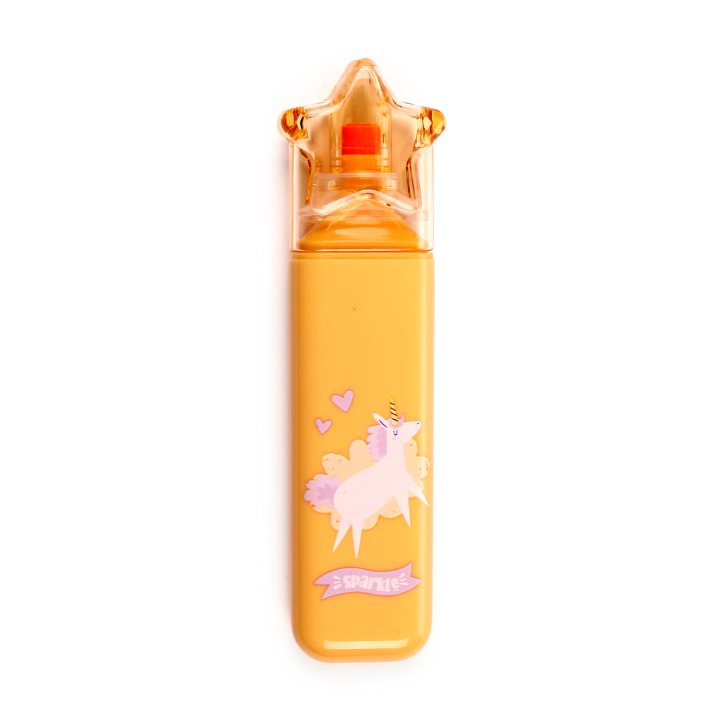 Yellow unicorn highlighter with a transparent star-shaped cap, featuring a graphic of a white unicorn, pink hearts, and a 'sparkle' banner.