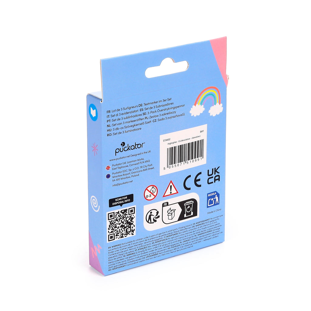 Back view of a Highlighter Set of 3 retail package in light blue, showing a rainbow graphic, hang tab, warning labels, recycling symbols, and product information.