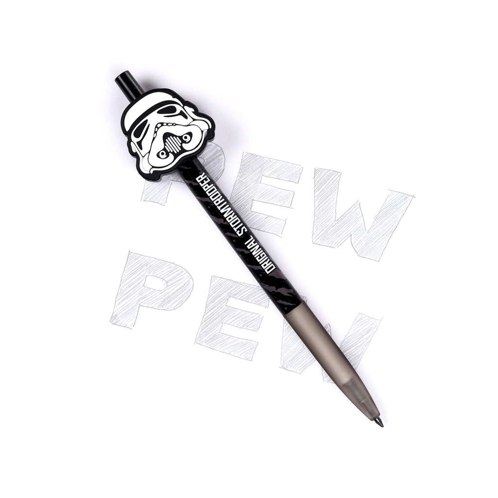 Angled view of an Original Stormtrooper everlasting pencil. It features a prominent white and black Stormtrooper helmet at the top, a black barrel with ORIGINAL STORMTROOPER text, and a translucent grey lower section leading to the writing tip, all presented on a plain white background.
