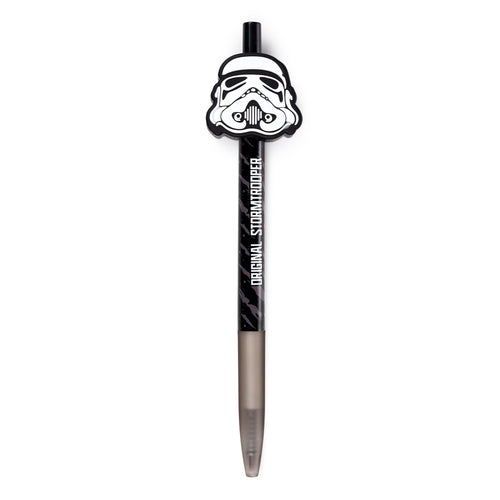 Front view of a black pencil topped with a white Stormtrooper helmet design. The black barrel features a grey mottled pattern and white text reading 'ORIGINAL STORMTROOPER', finished with a translucent grey tapered tip.