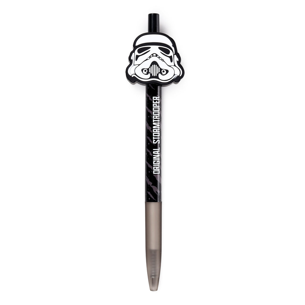 Front view of a black pencil topped with a white Stormtrooper helmet design. The black barrel features a grey mottled pattern and white text reading 'ORIGINAL STORMTROOPER', finished with a translucent grey tapered tip.