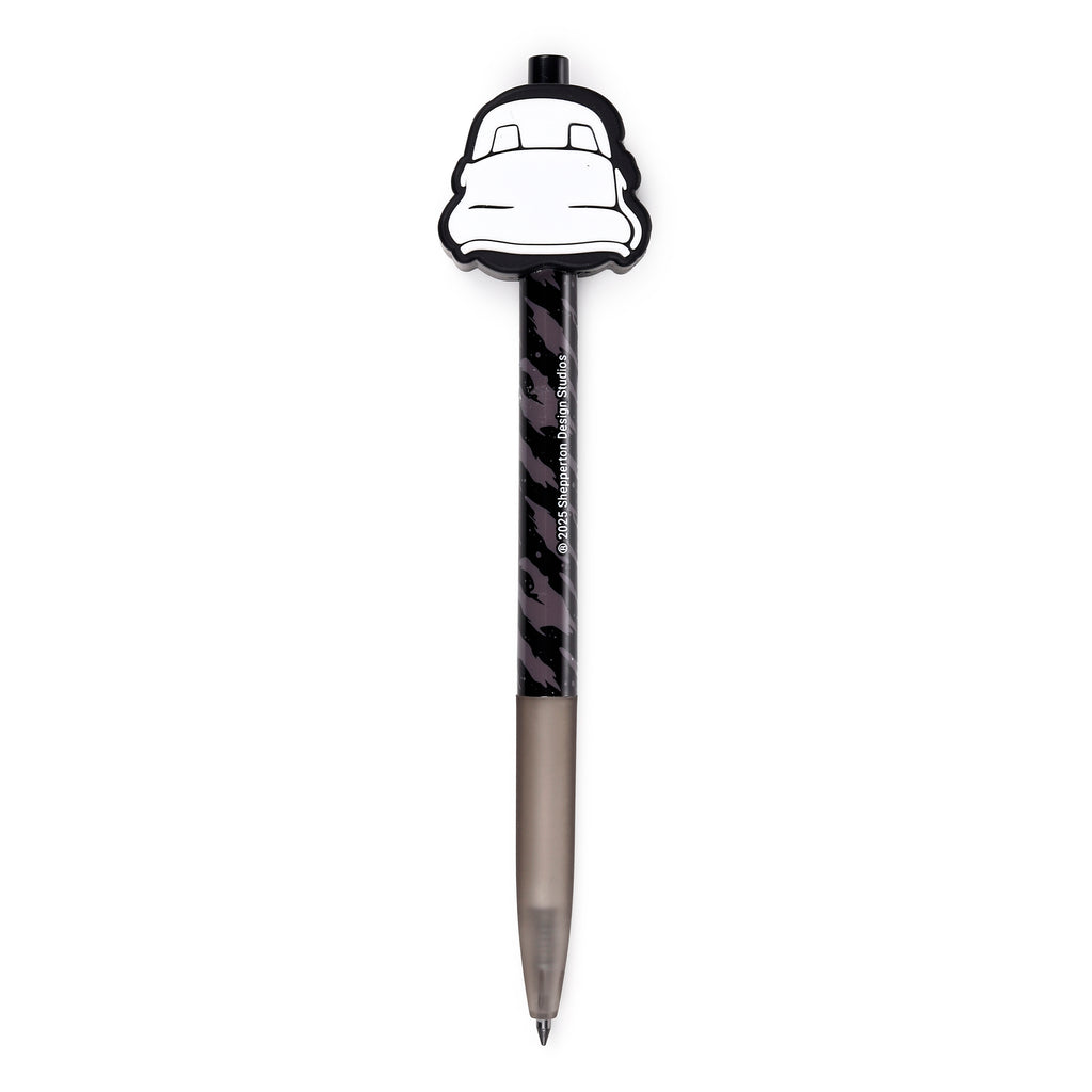 Front view of an everlasting pencil featuring a stylised black and white Stormtrooper helmet finial, a black barrel with a grey abstract pattern, and a translucent grey lower section.
