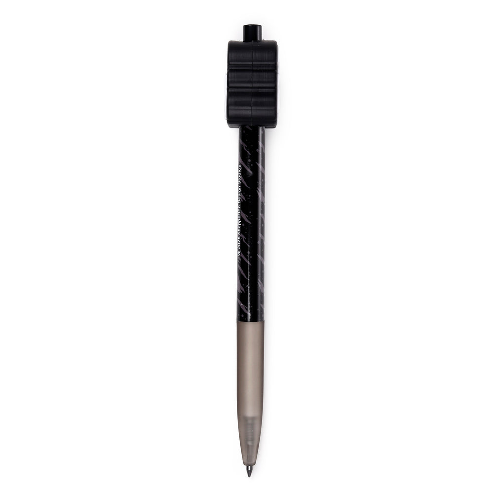 Overhead view of an everlasting pencil featuring a black ridged top, a dark grey and black speckled barrel, a translucent grey lower grip, and a metallic tip.