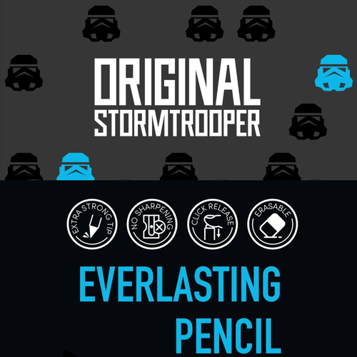 Front view of an informational graphic for the Original Stormtrooper Everlasting Pencil. The graphic features white and blue text, black and blue Stormtrooper helmet icons, and four circular icons that illustrate key features: extra strong tip, no sharpening, click release, and erasable.