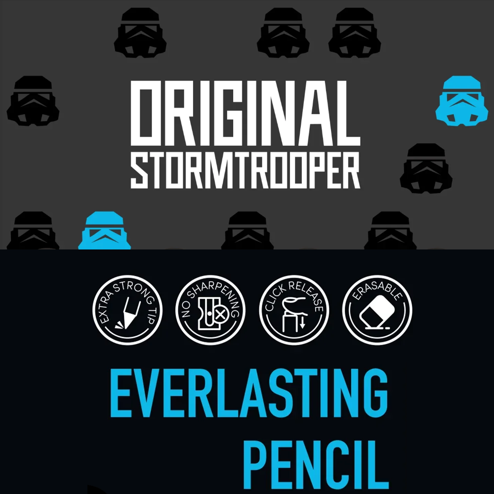 Front view of an informational graphic for the Original Stormtrooper Everlasting Pencil. The graphic features white and blue text, black and blue Stormtrooper helmet icons, and four circular icons that illustrate key features: extra strong tip, no sharpening, click release, and erasable.