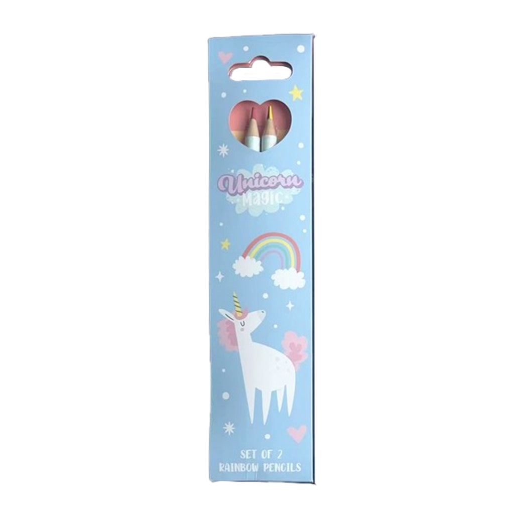 Front view of a light blue 'Unicorn Magic' rainbow pencil set packaging, featuring an illustration of a unicorn, a rainbow, and a heart-shaped window revealing two pencils.
