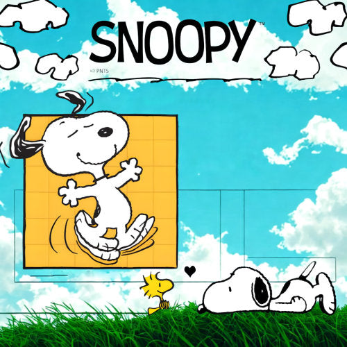 Snoopy and Woodstock on grass with a blue sky and clouds, with the word 'Snoopy' above.