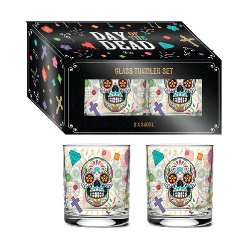 Front view of two 250ml glass tumblers featuring colourful sugar skull and confetti patterns, displayed with their black Day of the Dead themed gift box.