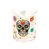 Clear glass tumbler with a vibrant Day of the Dead sugar skull design, featuring colourful flowers, a cross, and flame motifs.