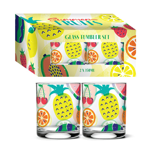 Angled view of a set of two 350ml clear glass tumblers and their matching patterned box, each decorated with a colourful summer fruits design depicting pineapples, orange slices, watermelons, and cherries.