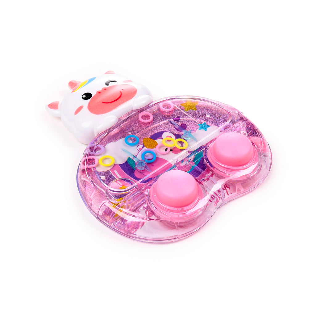 Angled view of a pink unicorn water game puzzle. It features a white unicorn head with a rainbow mane and smiling face, attached to a clear, glittery pink body containing colourful rings, stars, and two pink push buttons.