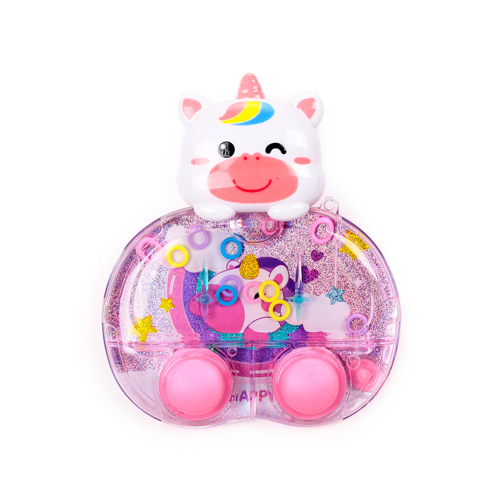 Front view of a kids unicorn water game puzzle, featuring a white unicorn head with a winking eye, above a clear pink glitter compartment filled with colourful rings, stars, and a unicorn illustration, with two pink buttons at the base.