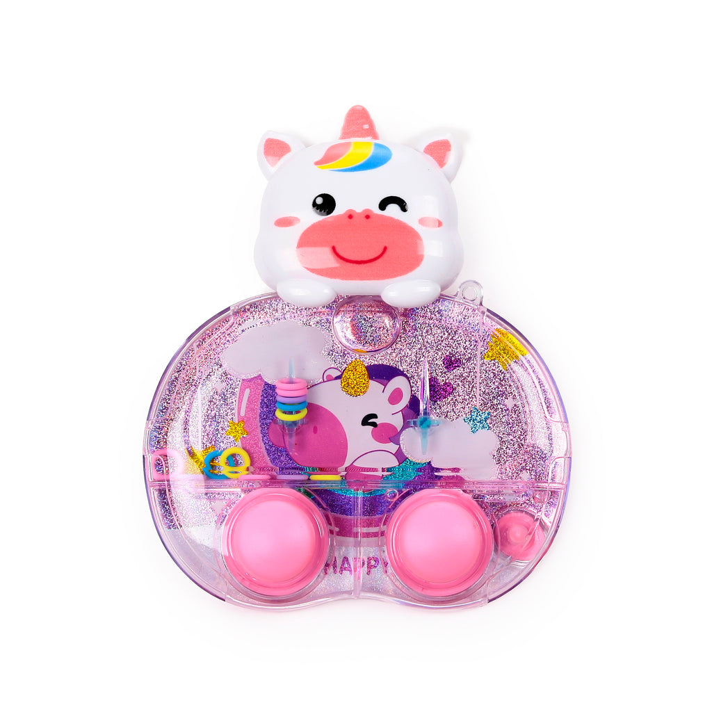 Front view of a unicorn Kids Water Game Puzzle. The toy features a white unicorn head with a pink horn, and a clear, glitter-filled body containing colourful rings, an internal unicorn illustration, and pink game buttons.