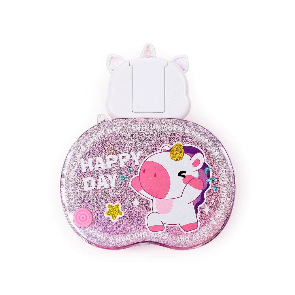 Front view of a glittery pink unicorn water game puzzle with a cartoon unicorn, 'Happy Day' text, and white unicorn ears and horn.