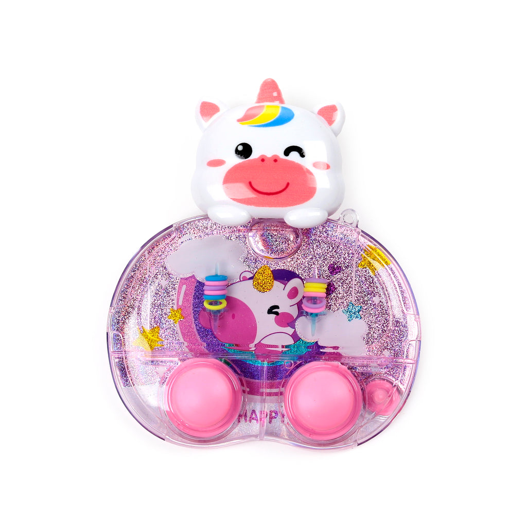 Front view of a children's unicorn water game puzzle. Features a white winking unicorn head, clear pink glitter-filled casing with an inner unicorn graphic, and pink buttons for the ring-toss challenge.