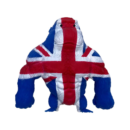 Front view of a gorilla-shaped fidget toy featuring a Union Jack flag design in red, white, and blue.