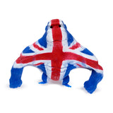 Front view of a muscular gorilla-shaped stretchy fidget toy, covered in the red, white, and blue Union Jack flag pattern, with black eyes.
