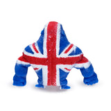 Rear view of a Union Jack gorilla fidget toy, its back coloured with the red, white, and blue flag design.