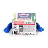 Angled view of the back of a stretchy gorilla fidget toy's packaging, with blue gorilla arms and hands visible, displaying 'STRETCHIES GORILLA' text, a QR code, and warning labels.