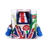 Front view of a stretchy stress fidget toy, a Union Jack gorilla, displayed in its retail packaging on a white background. The gorilla's red, white, and blue head is visible through a window, with blue arms extending from the box sides. The packaging features 'STRETCHIES' text, a '3+' age rating, and cartoon Union Jack characters with 'Stretch and Squeeze me!' on the front.