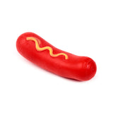 Red hot dog sausage fidget toy with yellow mustard detail, angled view.