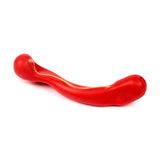 Stretchy red hot dog sausage dog fidget toy, displaying its curved form and yellow stripe.