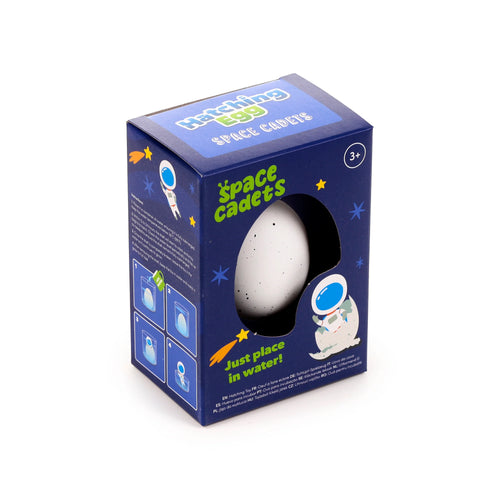 Angled view of a blue 'Hatching Egg Space Cadets' toy packaging, displaying a white speckled egg through a front cutout. The box features astronaut illustrations and 'Just place in water!' text.