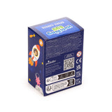 Angled view of a rectangular blue hatching egg toy box. The top features 'Hatching Egg Space Cadets' text, while one side displays a child in a rocket, stars, and a pink alien on a moon. The other visible side shows multi-language warnings and recycling symbols.