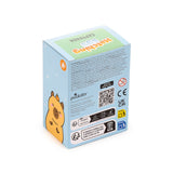 Angled view of the light blue and green Capybara Hatching Egg Toy packaging box, featuring multi-language warning labels, recycling symbols, and a cartoon capybara illustration.