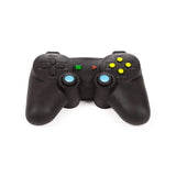 Front view of a black game controller fidget toy with a D-pad, yellow buttons, blue joysticks, green square button, and red triangle button.